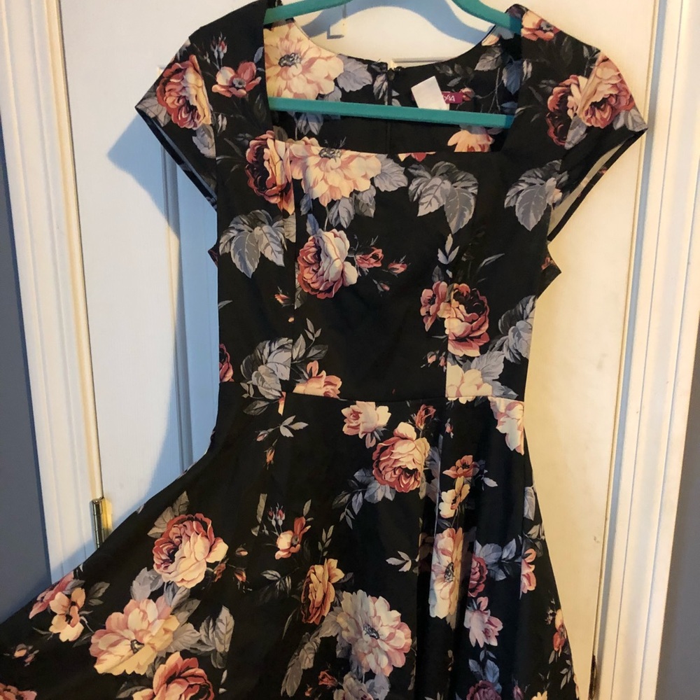 Black floral fit and flare dress!